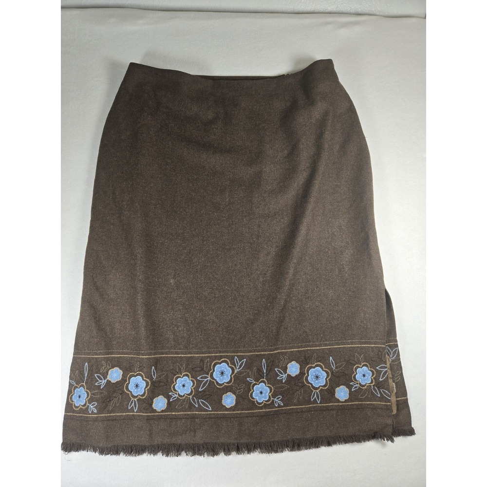 Dressbarn Women's Wool Blend Skirt Size 20W Brown And Turquoise Floral Trim